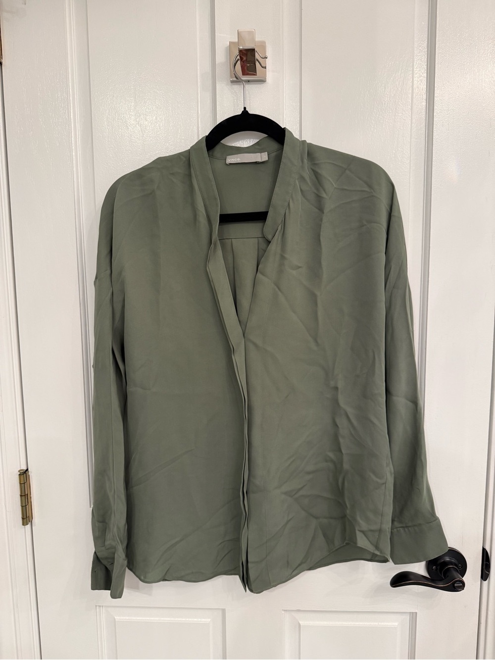Vince Olive Green Silk Blend Split Neck Blouse